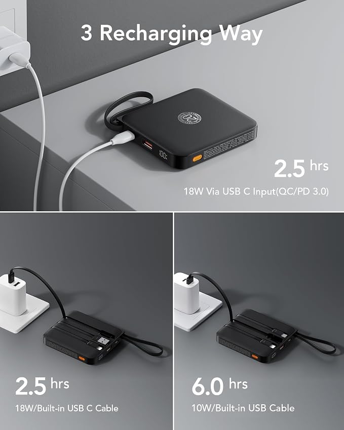 VRURC Portable Charger with Built-in Cable, 10000mAh 22.5W Fast Charging USB C - Image 4