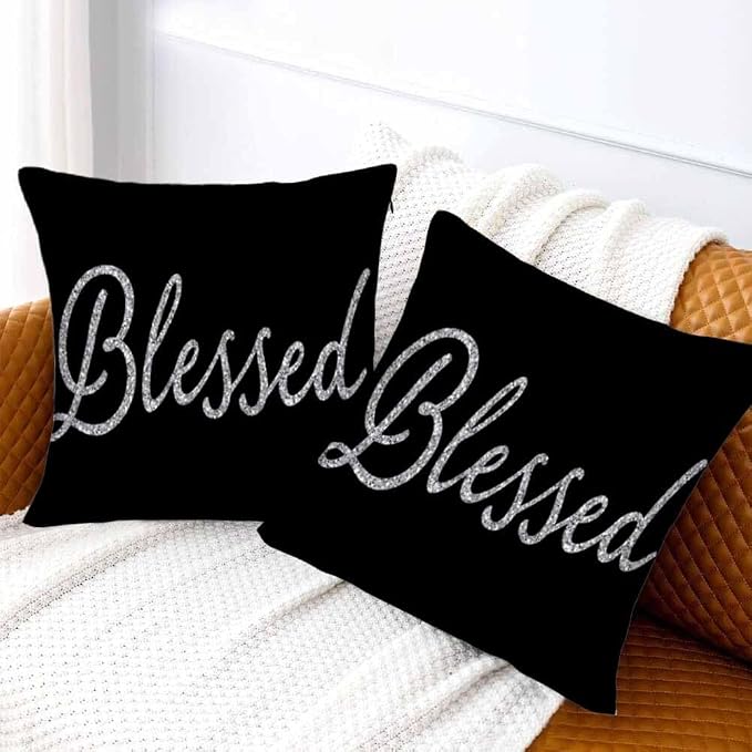 Bling Blessed White Throw Pillow Covers 18x18 Highlights Blessed Black Set of 2 - Image 2