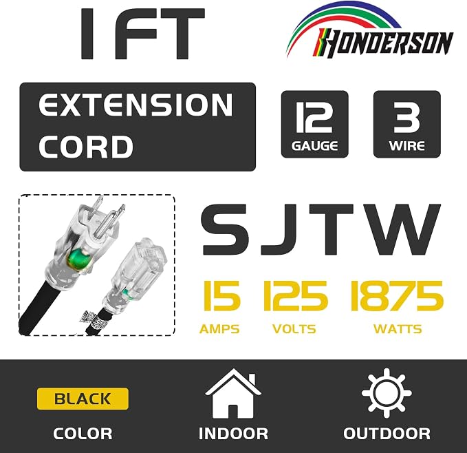 Extension Cord with Lighted End, UL Certified, 12 Gauge 1FT Black 3 Prong Heavy - Image 2