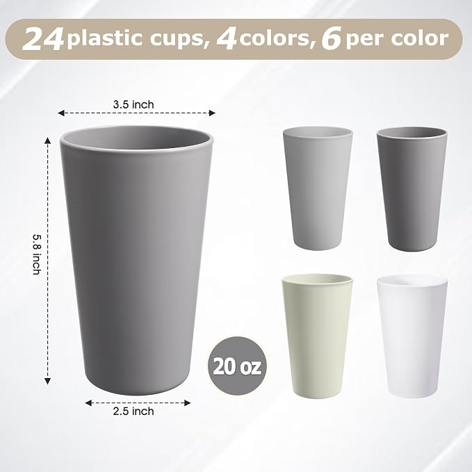 24 Pcs Unbreakable Plastic Cups Set, 20 oz Reusable Plastic Cups, Stackable - Image 2