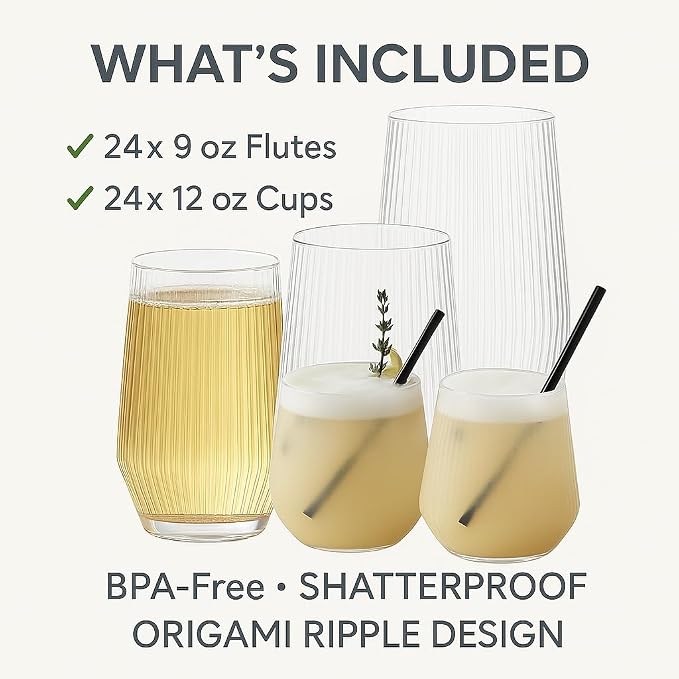 Oojami 48 Pack Ribbed Origami Ripple Plastic Glasses, 24 Stemless 9oz Champagne - Image 2