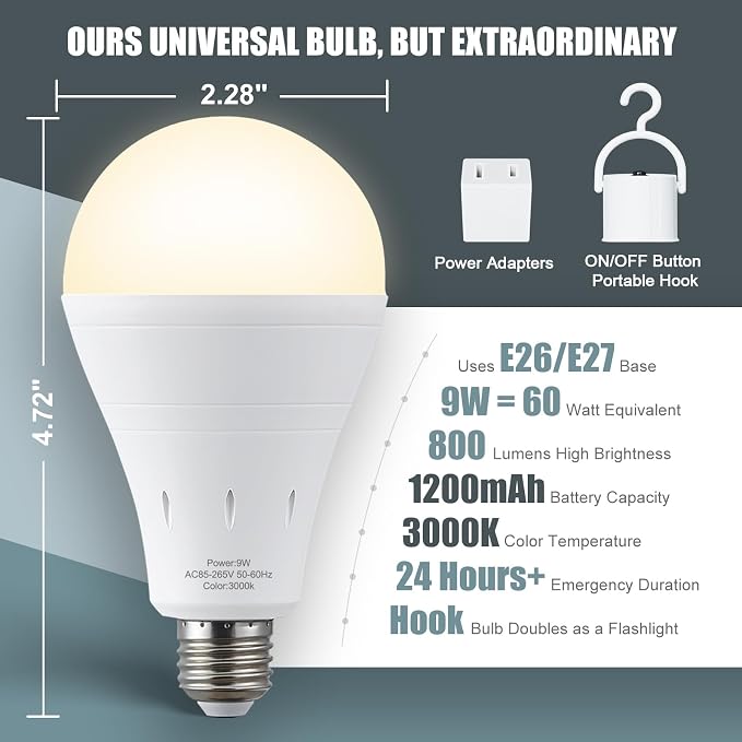 10Pack Rechargeable Emergency Light Bulb, A19 9W Warm White 3000K Self-Charging - Image 8
