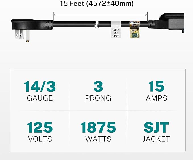 FIRMERST 1875W 15 Feet Extension Cord 14 AWG 15A Flat Plug Black - Image 8