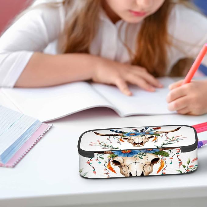 Cow Skull Pencil Holder Bag Bull Head Flowers Feathers Boho Style Pencil Case - Image 5