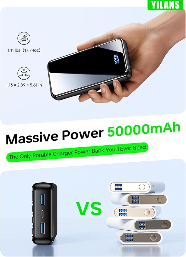 Portable Charger, 50000mAh Power Bank Built-in Cable, 22.5W PD USB C In & Out - Image 5