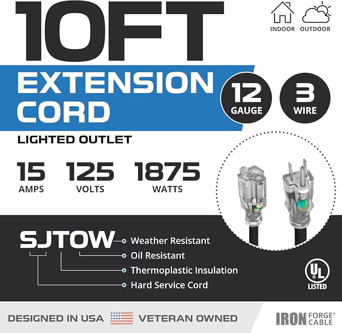 Iron Forge Cable 2 Pack 12 Gauge Outdoor Extension Cord 10 Ft, SJTOW 12/3 Heavy - Image 2