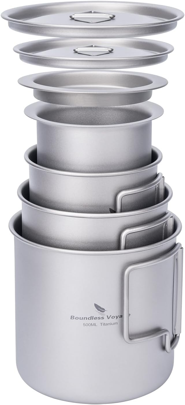 iBasingo Titanium Cup Set with Lid Foldable Handle Single-walled Camping Mug by iBasingo