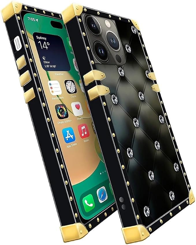 Compatible with iPhone 14 Pro Case, Shiny Black Sofa Crystal Luxury Golden - Image 3