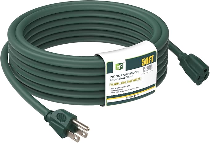 EP 50FT Green Outdoor Extension Cord, 16/3 SJTW Heavy Duty Waterproof, 3 Prong by ENERGYPRO
