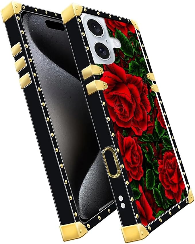 Compatible with iPhone 16 Plus Case, Vector Red Rose Green Leaf Luxury Golden - Image 2