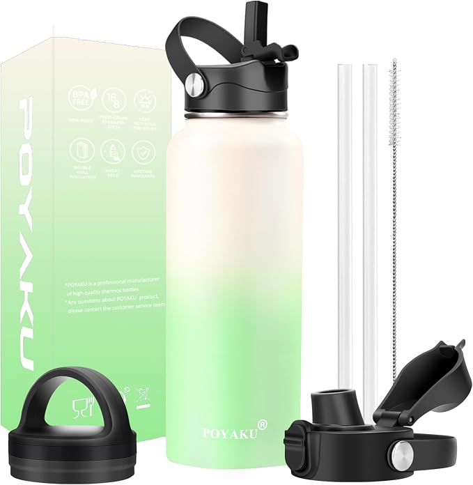 Water Bottle Insulated 32oz 40oz 64oz 128oz Straw Lid Spout Lid & 3 Lids by POYAKU