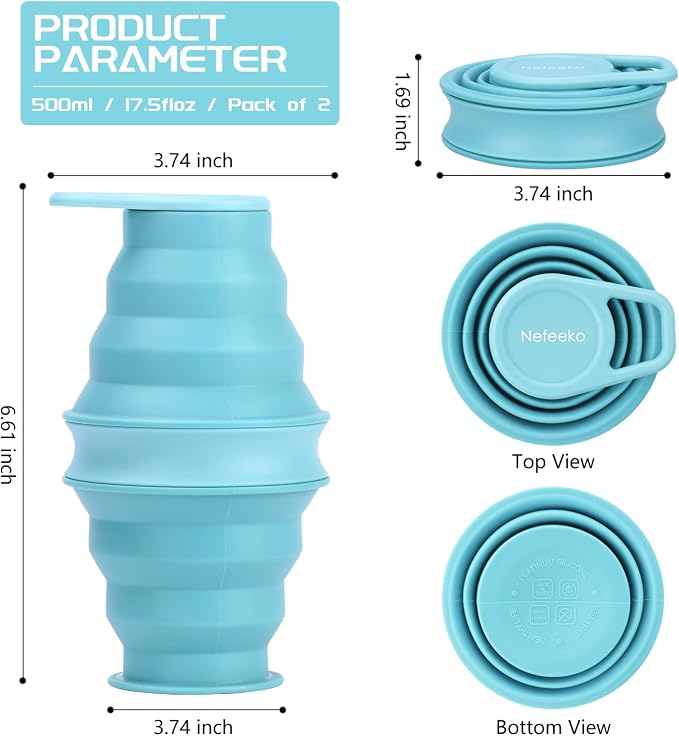 Nefeeko Collapsible Water Bottle, 17oz Reuseable BPA Free Silicone Foldable - Image 2