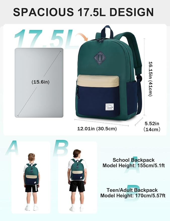 VASCHY Lightweight Backpack for School, Water Resistant Classic Bookbag - Image 2