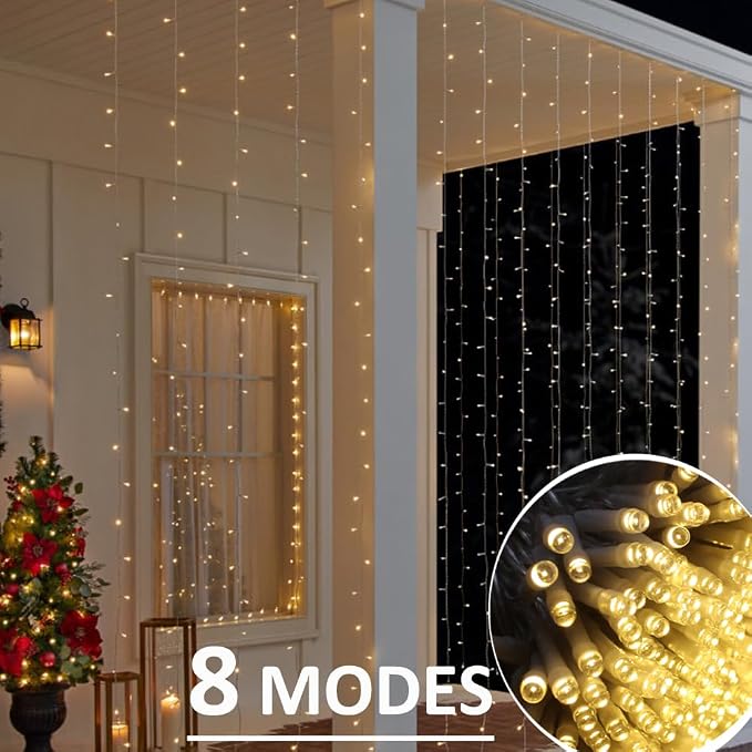 Solhice LED Curtain Lights Outdoor 12ft x10ft, 360 LED Plug in Hanging String - Image 3