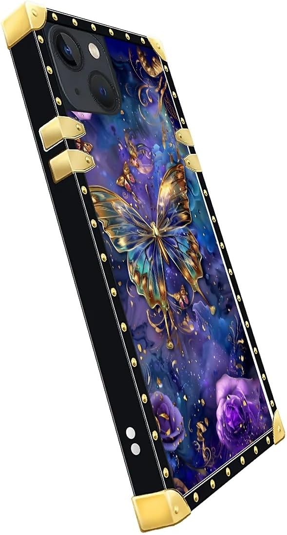 Compatible with iPhone 14 Case, Glistening Golden Butterfly Vibrant Purple Blue - Image 4