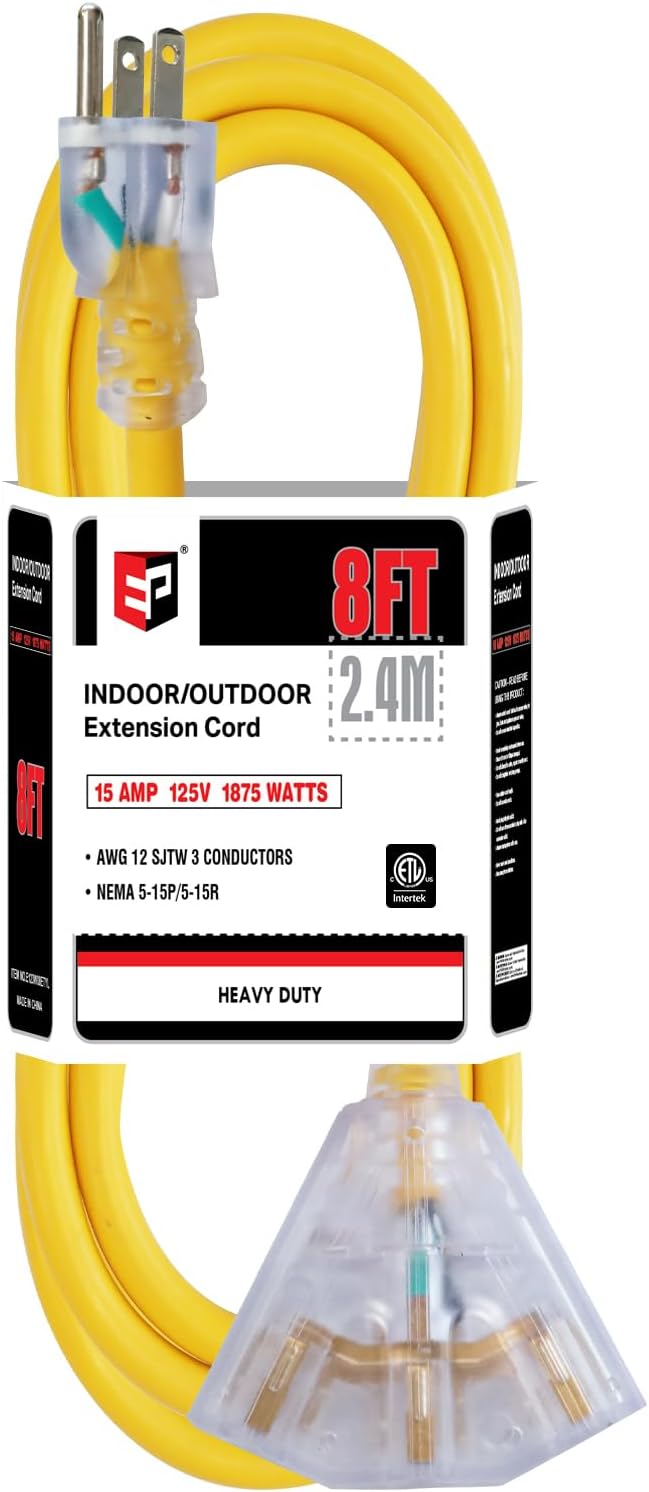 EP 8 Ft 12 Gauge Heavy Duty Extension Cord, 15A 125V 1875W, 3 Outlet by ENERGYPRO