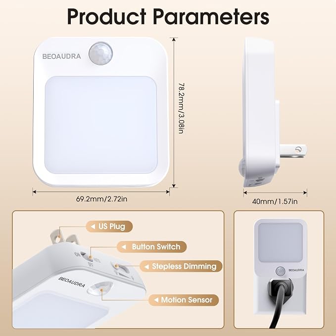 Motion Sensor Night Light Plug in, Dimmable Warm White Motion Activated LED - Image 4