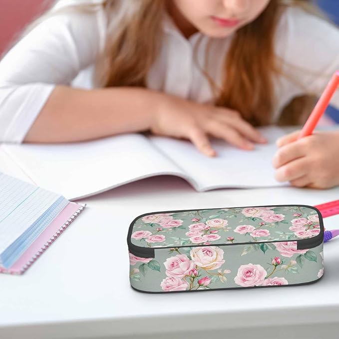 Pink Blooming Flower Pencil Holder Bag Roses Peonies Bouquets Leaves Garden - Image 5