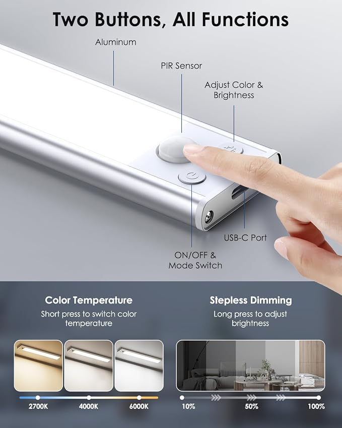 VerRon 14in Under Cabinet Lighting, 3200mAh Rechargeable Battery Powered Closet - Image 3