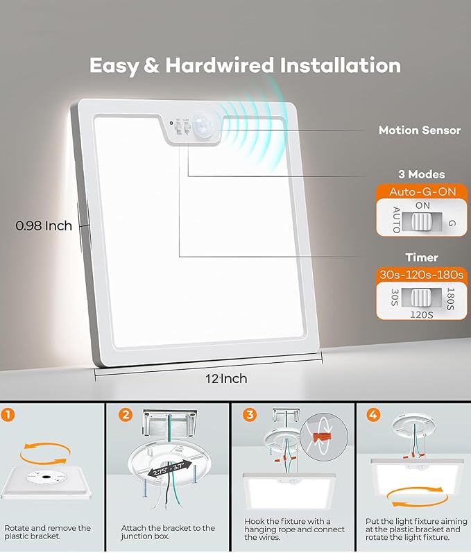 Annaror 12in Motion Sensor Ceiling Light Wired, 3000K 4000K 5000K Selectable - Image 6