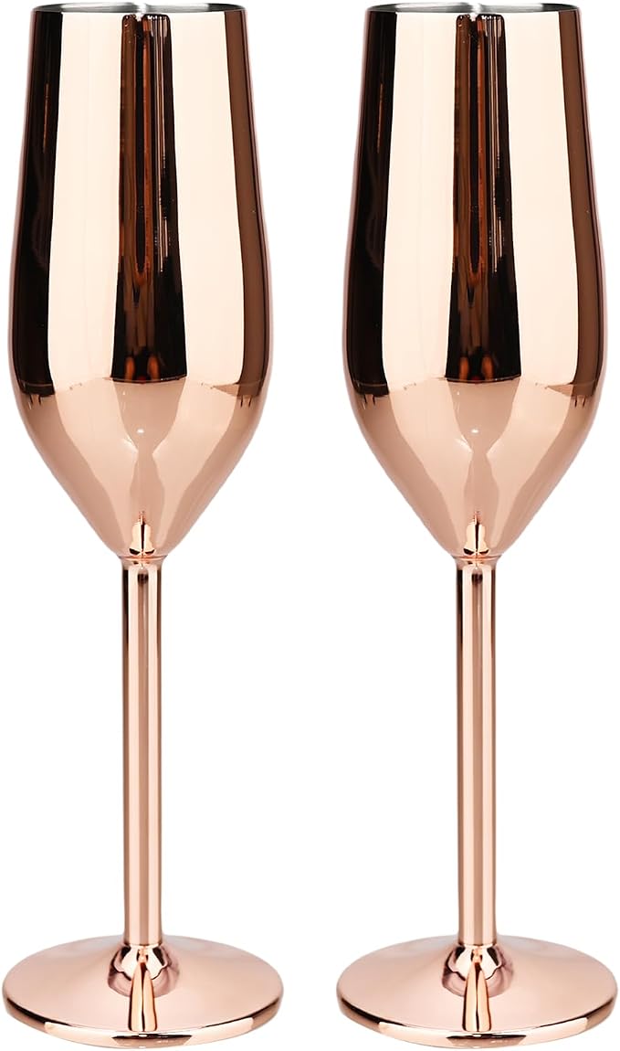 TJ Unbreakable 8 Oz Stainless Steel Champagne Flutes- Rose Champagne Glasses by TJ