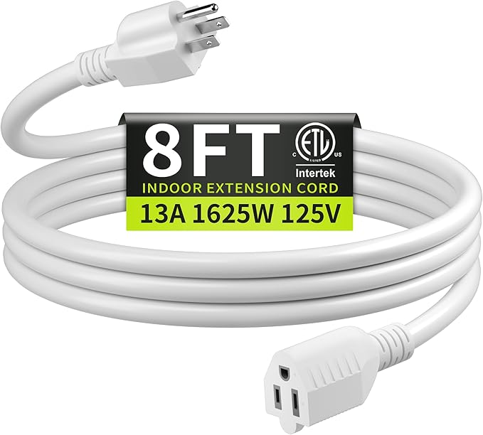 16/3 White Extension Cord 8 FT, Indoor Extension Cord by Seeklyze