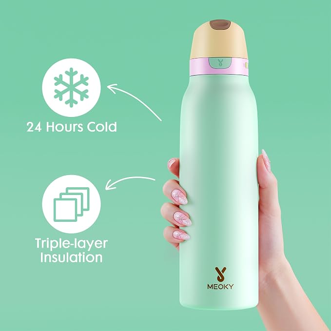 Meoky 24 oz Slim Insulated Water Bottle: Leak Proof Locking Lid, 2-in-1 Straw - Image 2