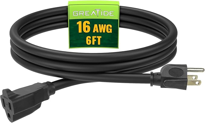 Extension Cord 6 FT, Outdoor 16/3 SJTW Weatherproof Black Electrical Cords by GREATIDE