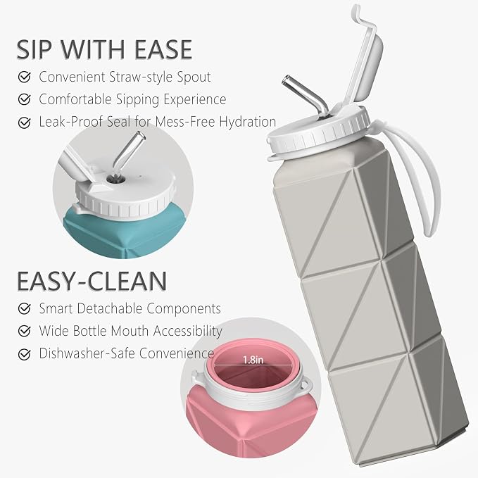 BEAUTAIL Collapsible Water Bottles 20.6oz 2 Pack, Silicone Foldable Portable - Image 5