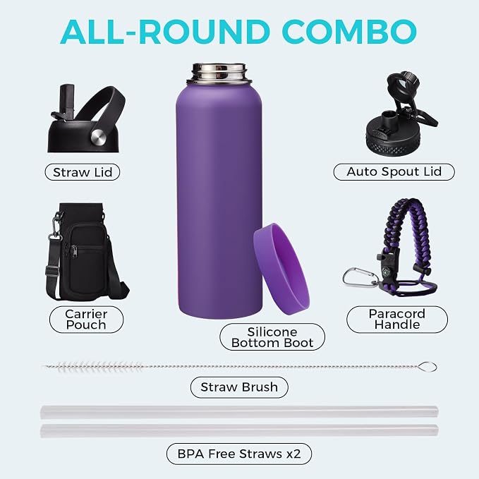 Insulated Water Bottle with Straw - 40 oz Triple Walled Water Bottle with Strap - Image 2