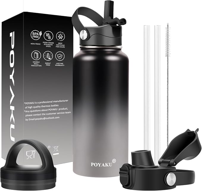 Water Bottle Insulated 32oz 40oz 64oz 128oz Straw Lid Spout Lid & 3 Lids by POYAKU