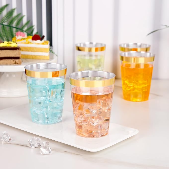 I00000 200 Pack Gold Plastic Cups, 10 oz Clear Plastic Cups Gold Rimmed - Image 7