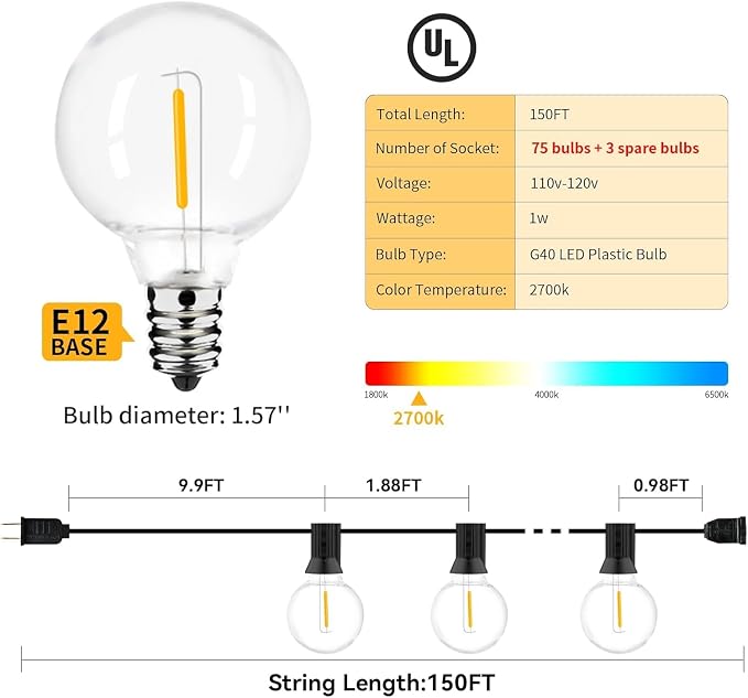 150ft Outdoor String Lights Waterproof/Connectable/Dimmable LED Shatterproof - Image 2