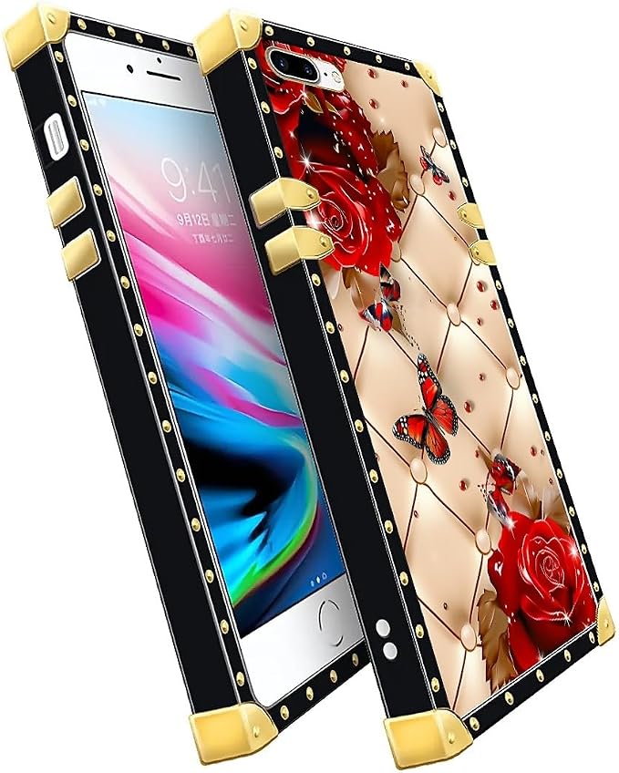 Compatible with iPhone 8 Plus 7 Plus Case, Shining Red Rose Butterfly Leather - Image 3