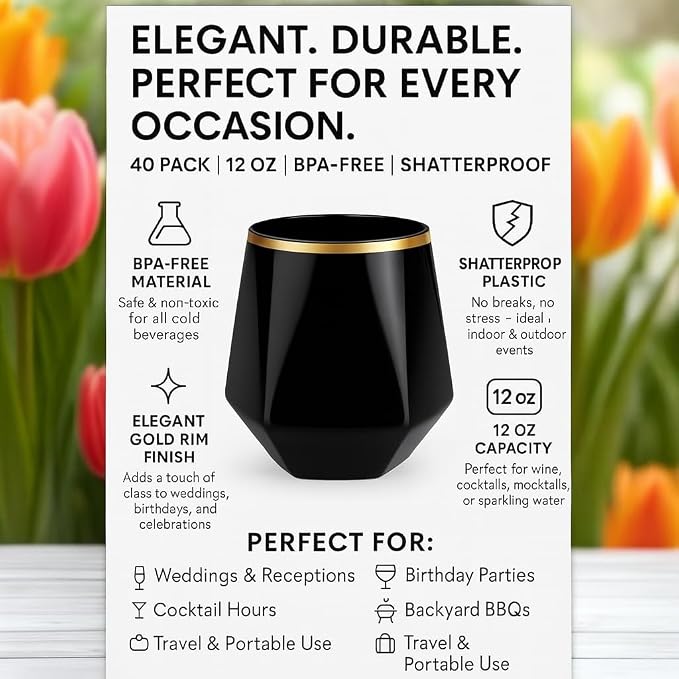 Oojami 40 Pack Diamond-Shaped Disposable Plastic Wine Glasses, 12 oz Stemless - Image 3