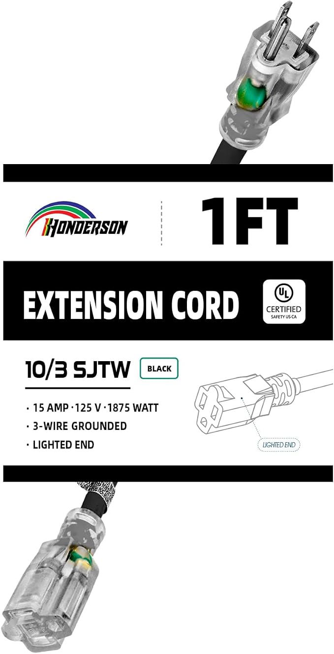 Extension Cord with Lighted End, UL Certified, 10 Gauge 1FT Black 3 Prong Heavy by HONDERSON