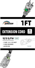 Extension Cord with Lighted End, UL Certified, 10 Gauge 1FT Black 3 Prong Heavy by HONDERSON
