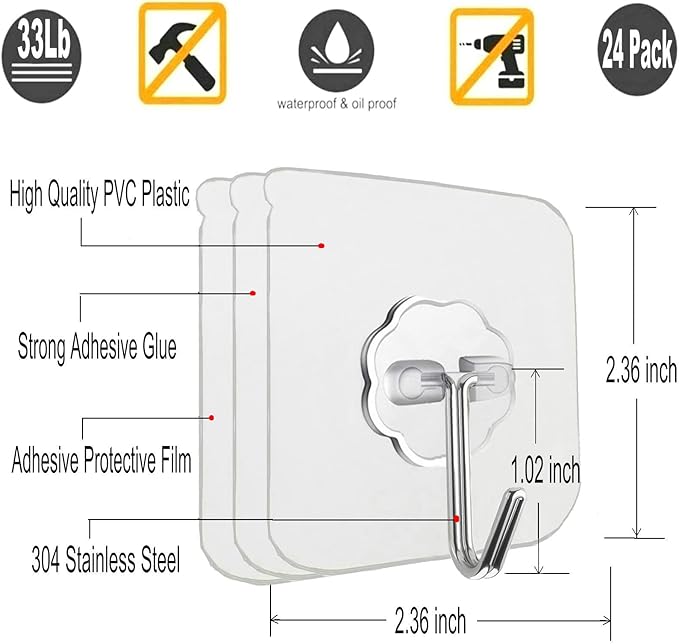 Jwxstore 12 Pack Heavy Duty Self Adhesive Hooks - 33lb Max - Image 2