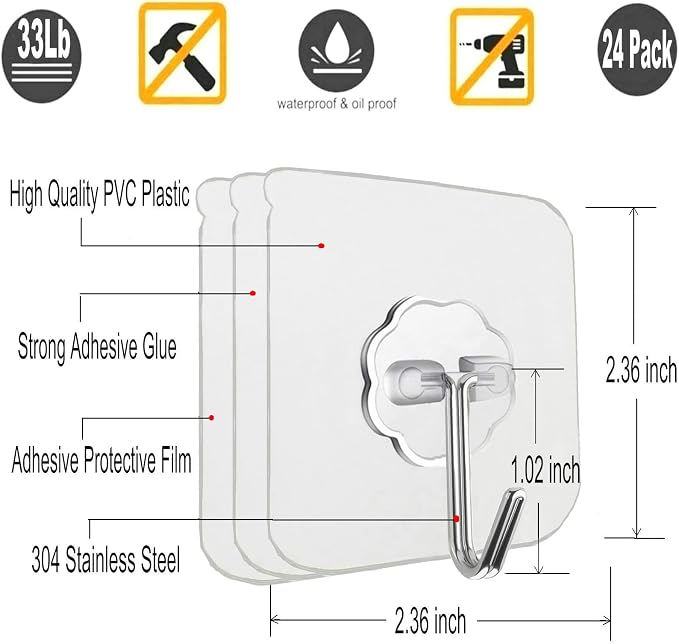 Jwxstore 24 Pack Self Adhesive Hooks Heavy Duty - 33lb Max - Image 2