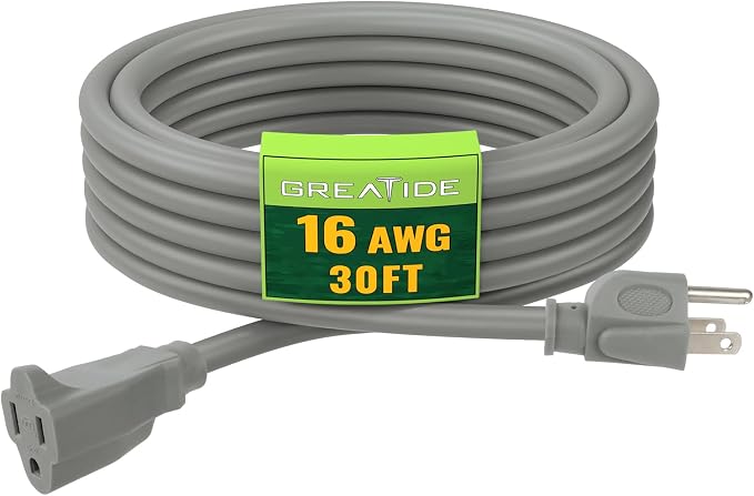 Indoor Outdoor Extension Cord 30 FT, 16/3 SJTW Weatherproof Grey Electrical by GREATIDE
