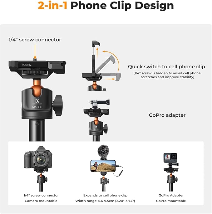 K&F CONCEPT 62'' Phone Selfie Stick Tripod, 2-in-1 Extendable Cell Phone Tripod - Image 3