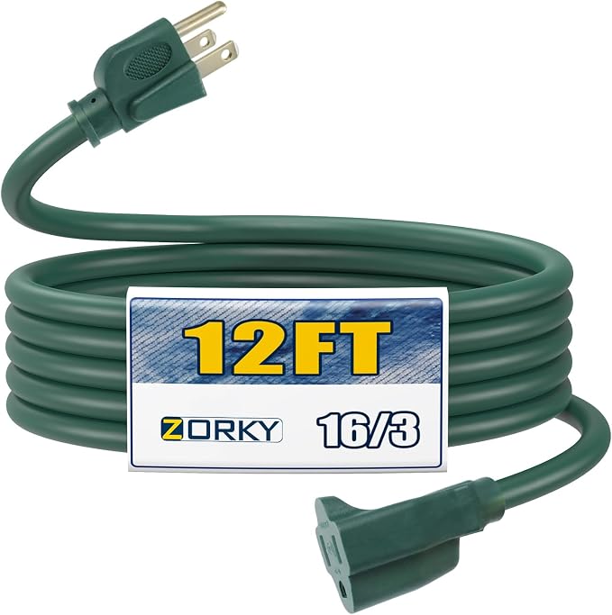 12ft Outdoor Extension Cord for Christmas Decorations- 16/3 Heavy Duty SJTW by Zorky