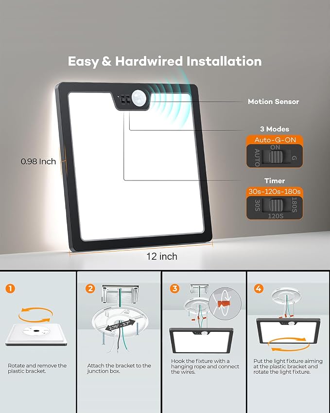Annaror 12in Motion Sensor Ceiling Light Wired, 3000K 4000K 5000K Selectable - Image 6