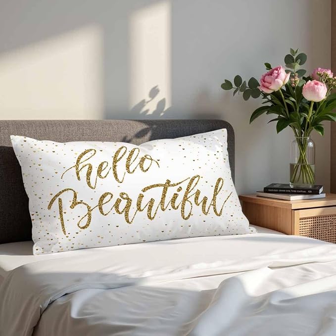 Hello Beautiful Bling Pillow Covers 12 X 20 Gold Glitter Motivational Quote Set - Image 4