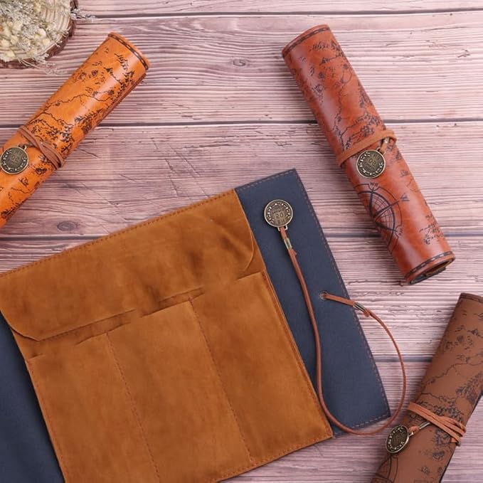 Cabilock Roll up Pencil Case Vintage Map Pu Leather Pencil Pouch Organizer - Image 5