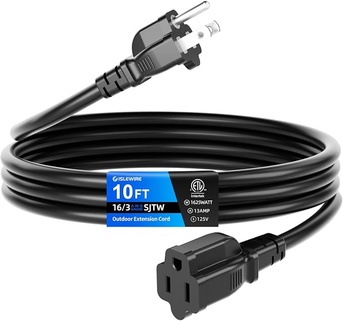 10 FT Outdoor Extension Cord Waterproof, 3-Prong Power Cord, 16 AWG SJTW by ISLEWIRE