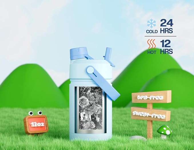 12 oz Kids Insulated Water Bottle: 2-in-1 Straw Spout Lid, Easy Carry, Keep - Image 5