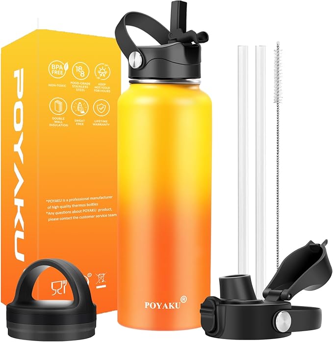 Water Bottle Insulated 32oz 40oz 64oz 128oz Straw Lid Spout Lid & 3 Lids by POYAKU