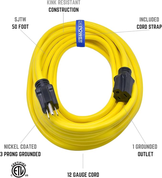 Clear Power 50 ft 12/3 SJTW Heavy Duty Outdoor Extension Cord, Water & Weather - Image 2