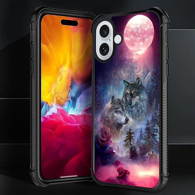 for iPhone 16 Case, Star Two Wolfs Howling Pattern Graphic Design Girl Boy Soft - Image 2
